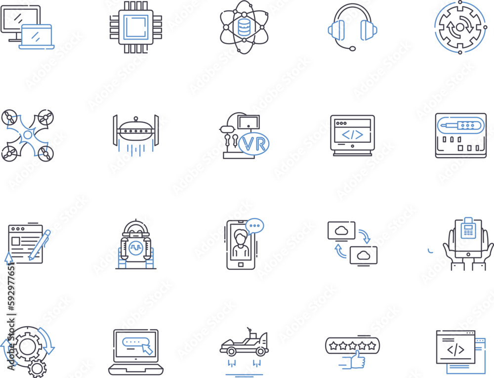 Hardware outline icons collection. Hardware, components, peripherals, processors, GPUs, motherboards, RAM vector and illustration concept set. power-supplies, video-cards, network-cards linear signs