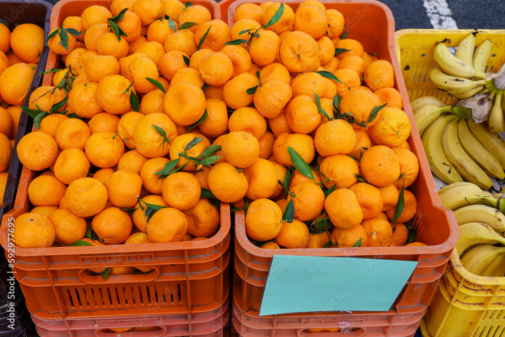 Fresh mandarines on street market.