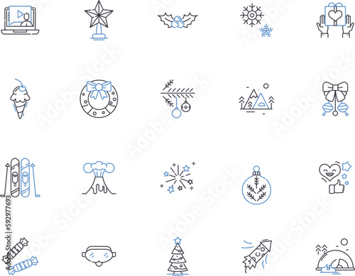 Winter holidays outline icons collection. Christmas, New Year, Snow, Skiing, Reindeer, Elves, Sleigh vector and illustration concept set. Frost, Carols, Hanukkah linear signs