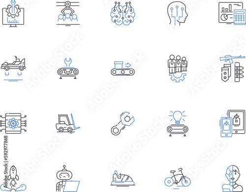Mechanics outline icons collection. Mechanics, Repair, Motor, Automotive, Engineering, Torque, Friction vector and illustration concept set. Restitution, Dynamics, Force linear signs photo