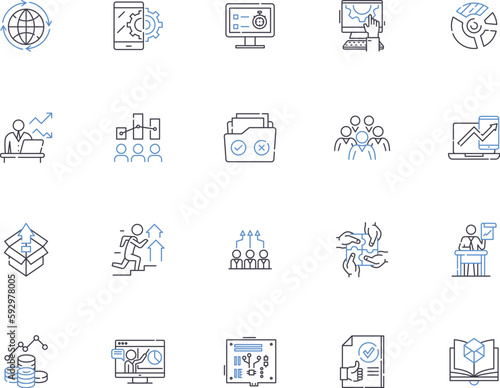 System administration outline icons collection. Administration, System, Management, Networking, Services, Resources, Security vector and illustration concept set. Patching, Monitoring, Automation