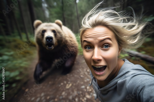 woman taking selfie while being chased by a bear, made with generative ai