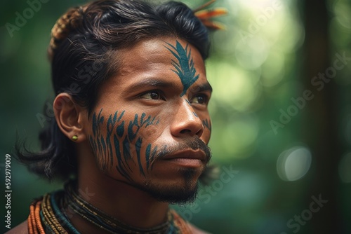 South American tribes people with many tattoos on their bodies from the South American jungle. Generative AI 