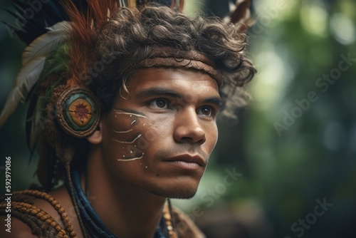South American tribes people with many tattoos on their bodies from the South American jungle. Generative AI 