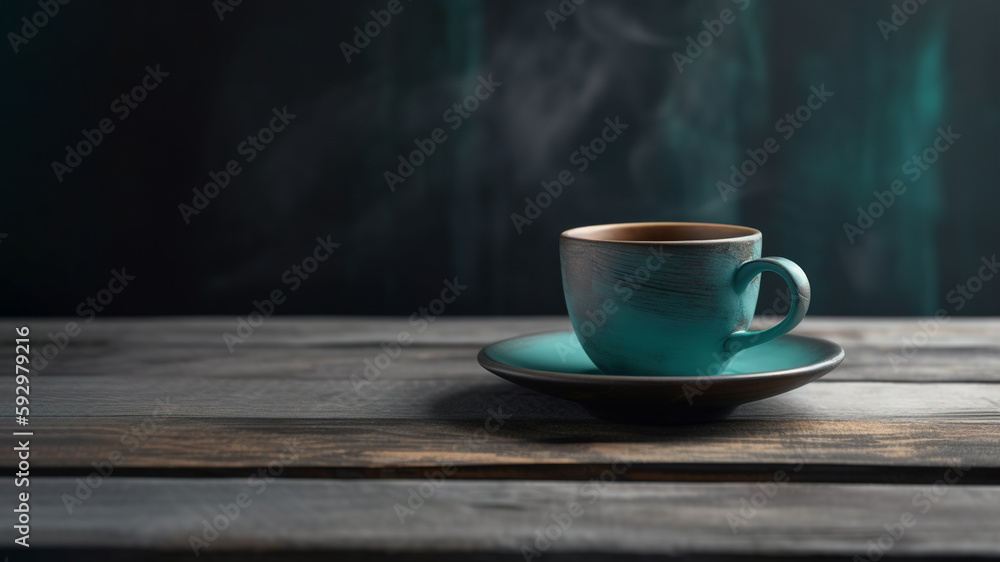 Single turquoise cup of coffee on a table, Generative AI Single turquoise cup of coffee on a table, Generative AI