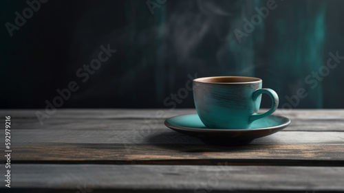 Single turquoise cup of coffee on a table, Generative AI