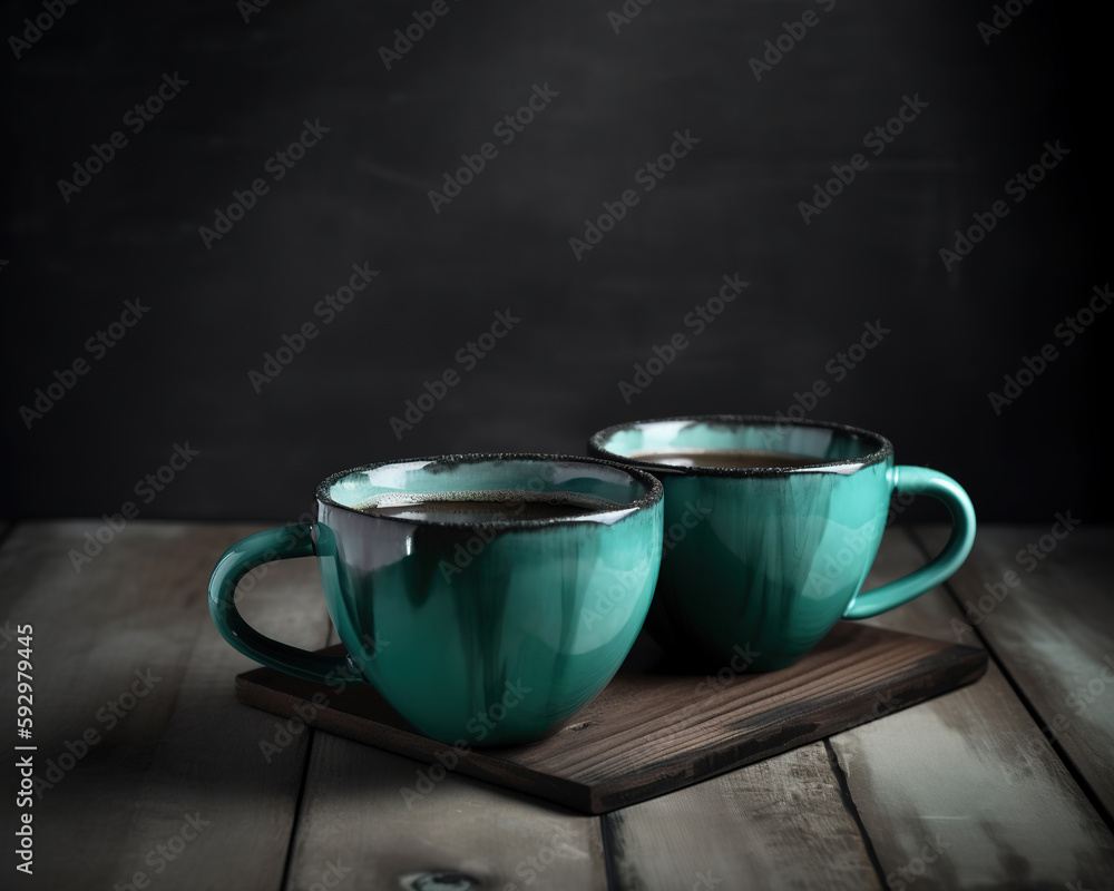 Two hot cups of coffee on a table, Generative AI Two hot cups of coffee on a table, Generative AI