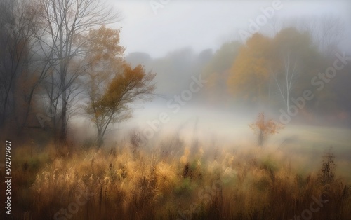 Morning mist in the forest. Generative AI technology.