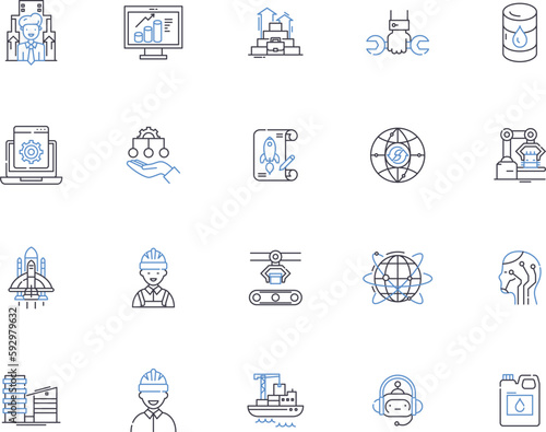 Industry technology outline icons collection. Industry, Technology, Manufacturing, Automation, Robotics, AI, Machine Learning vector and illustration concept set. 3D Printing, IoT, Augmented Reality