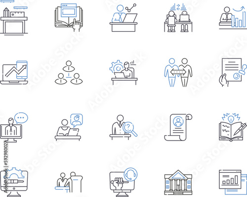 Working meeting outline icons collection. Meeting, Working, Business, Conference, Plan, Discuss, Task vector and illustration concept set. Discussing, Team, Strategy linear signs