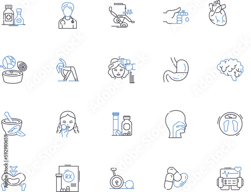 Medicine health care outline icons collection. Medicine, Health, Care, Treatment, Diagnosis, Surgery, Prescription vector and illustration concept set. Pharmaceuticals, Pharmacology, Medical linear