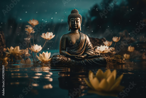  Buddha meditating on lotuses  generative AI