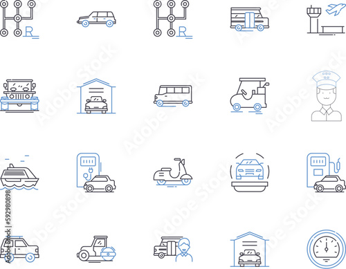 Vehicles outline icons collection. Cars, Trucks, Buses, Motors, Boats, Motorbikes, Scooters vector and illustration concept set. Vans, Lorries, Trailers linear signs