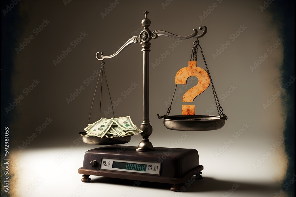 a weighing scale with a question mark on one side and cash on the other Stock Illustration