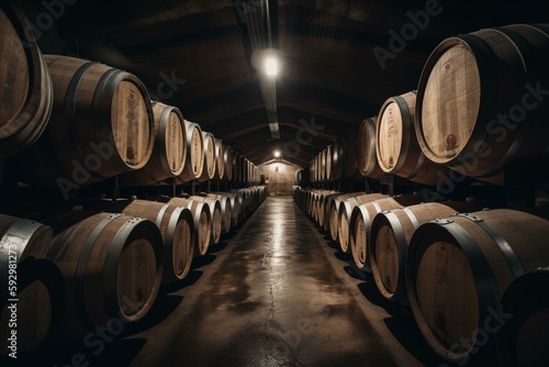 Wine barrels in a underground storage facility. Generative AI