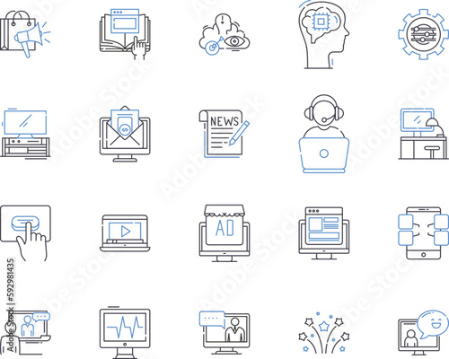 Media corporation outline icons collection. Media, Corporation, Publishing, News, Print, Digital, Network vector and illustration concept set. Broadcast, Content, Video linear signs