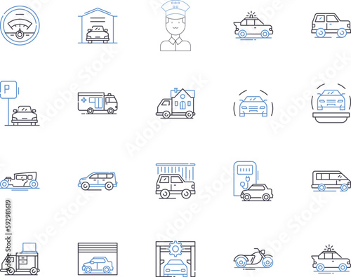 Car and logistic outline icons collection. Car, Logistic, Vehicle, Delivery, Transport, Shipment, Fleet vector and illustration concept set. Automobile, Logistics, Relocation linear signs