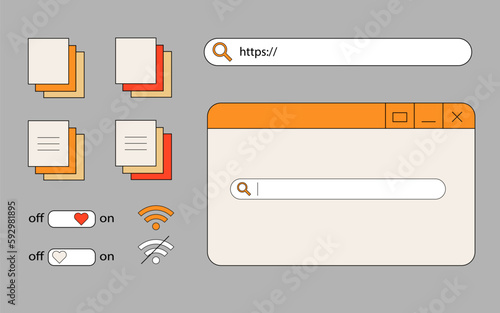 Retro vaporwave old computer ui elements, 90s, nostalgic pc icons, button with heart, search pannel. Groovy 80s window aesthetic 