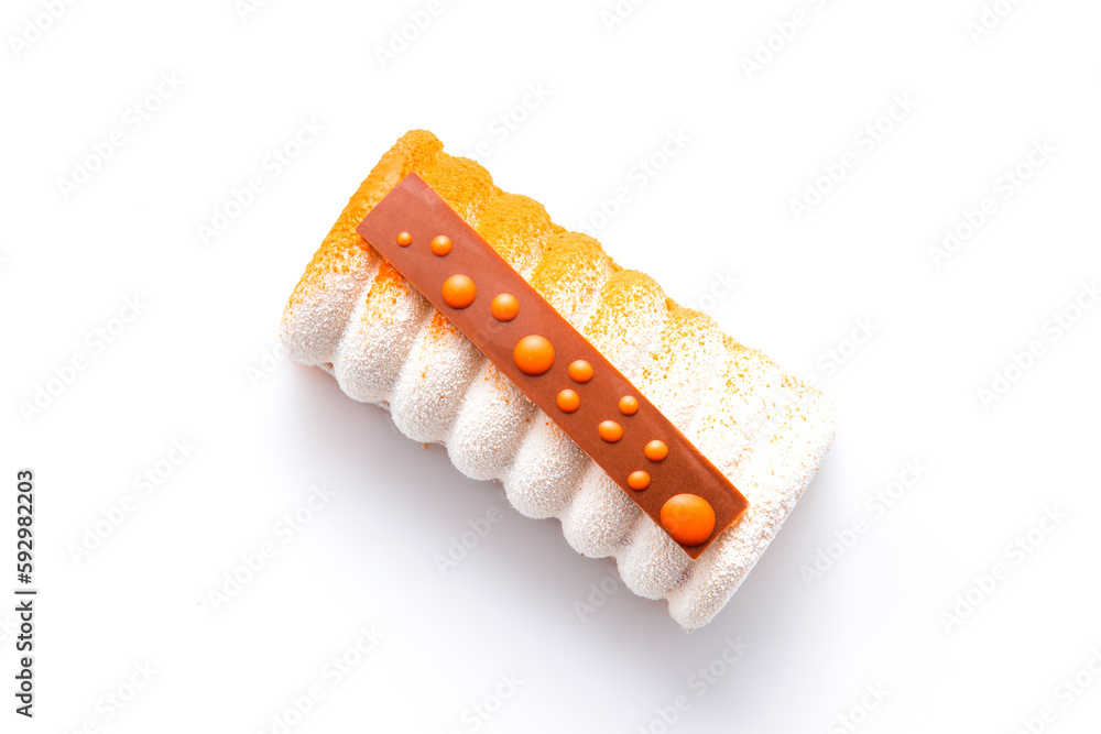 Beautiful white-orange dessert roll on a white background Beautiful white-orange dessert roll on a white background