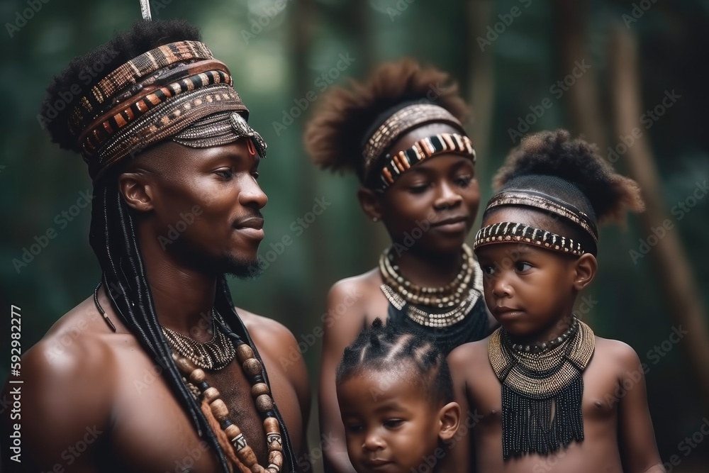 This beautiful black family represents an African tribe, showcasing the diversity and richness of African culture Generative AI