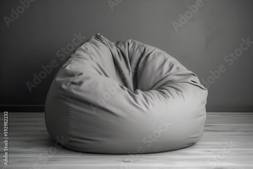 ..Soft grey bean bag lounges against a stark white background. photo