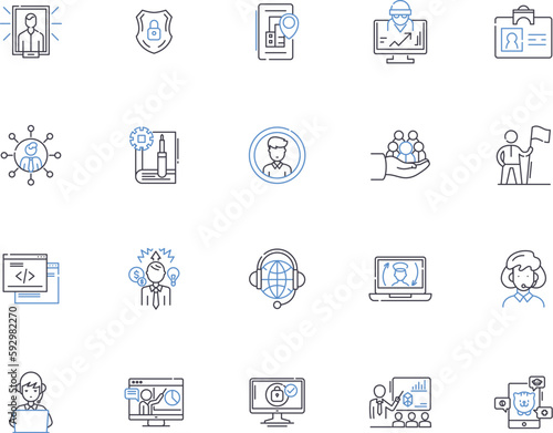 Admin outline icons collection. Administrator, Administering, Management, Overseeing, Governance, Operating, Supervising vector and illustration concept set. Coordinating, Presiding, Executing linear