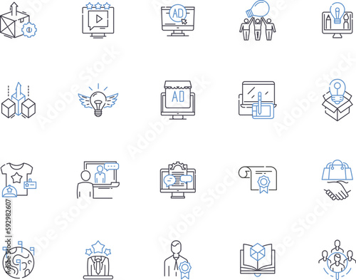 Marketing outline icons collection. Advertising, Promotion, Branding, Campaigns, Publicity, Consumers, Sales vector and illustration concept set. Social, Digital, Media linear signs