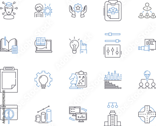 Strategy and planing outline icons collection. Strategy, Planning, Designing, Analysis, Outline, Scenario, Course vector and illustration concept set. Process, Purpose, Aim linear signs