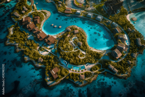 Maldives island in the Ocean. Aerial view of beautiful island. Top view from drone. Amazing bird's eye view of the Maldives.Travel, Holidays concept. Generated Ai. 