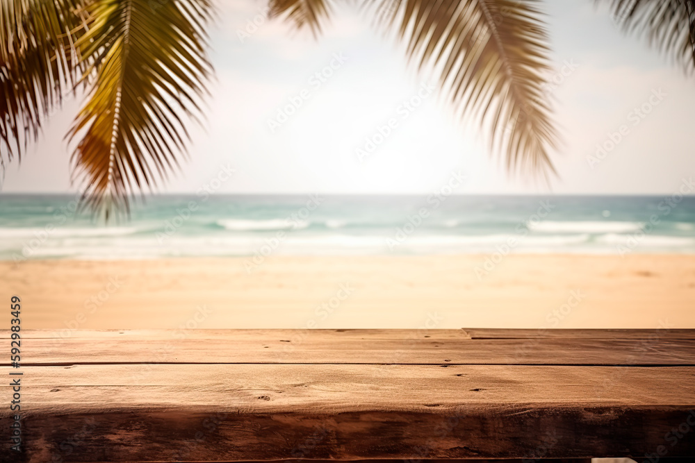 Empty wooden table with palm in the beach on background.