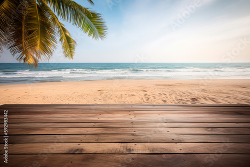 Empty wooden table with palm in the beach on background.