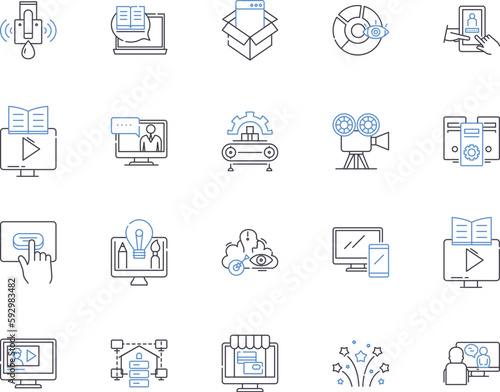 Media technologies outline icons collection. Multimedia, Broadcasting, Streaming, Video, Audio, Graphics, Webcast vector and illustration concept set. Internet, 3D, Animation linear signs