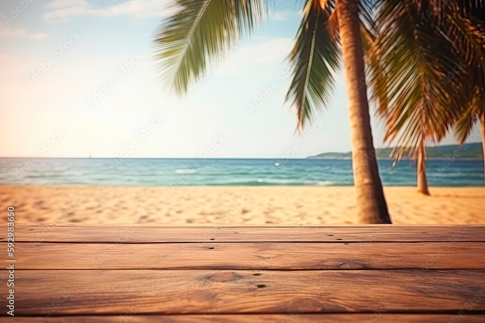 Empty wooden table with palm in the beach on background. Empty wooden table with palm in the beach on background.