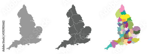 England map set of grey and multicolor administrations regions map 