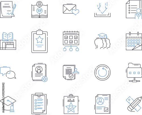 Knowledge management outline icons collection. Knowledge, Management, Storage, Sharing, Synthesis, Creation, Acquisition vector and illustration concept set. Analysis, Organization, Classification