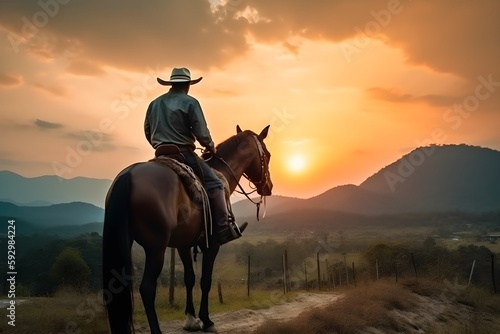 ..A cowboy rides a horse into the sunset. © ron