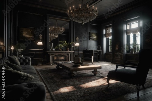 Dark living room interior  farmhouse style  3d render. Generative AI