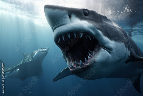 An underwater view of a shark with its mouth wide open and teeth exposed  ready to attack in the clear blue water of the ocean. AI Generative.