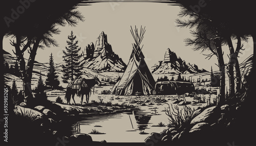 Native american western scene background. Can be used for graphic design. Wild west. Black and white. Graphic Art Vector