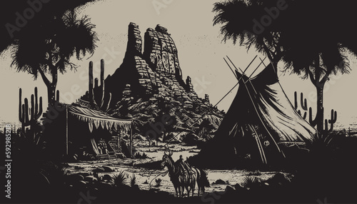 Native american western scene background. Can be used for graphic design. Wild west. Black and white. Graphic Art Vector