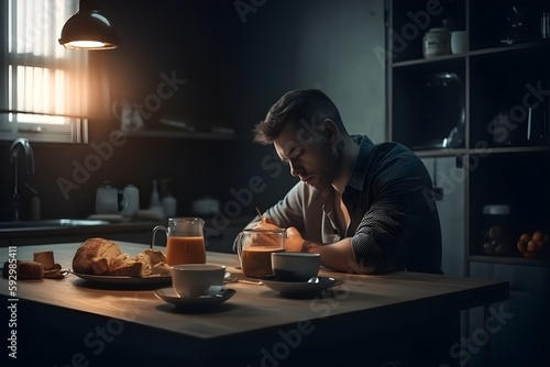 ..Weary man refuels with morning coffee before a busy day