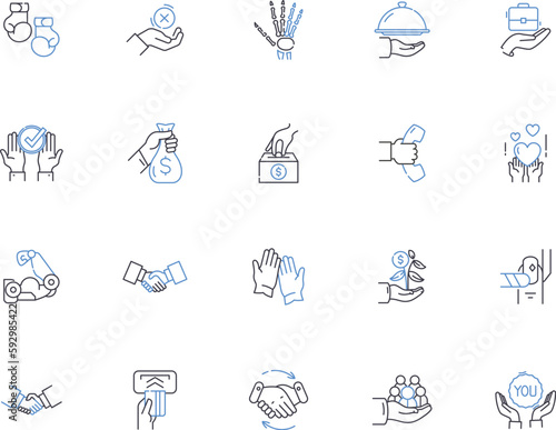 Hands outline icons collection. Grip, Grasp, Clench, Wring, Fist, Hold, Palm vector and illustration concept set. Shake, Rub, Grasping linear signs