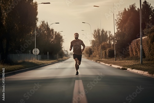 ..Healthy man running on country road in early morning.