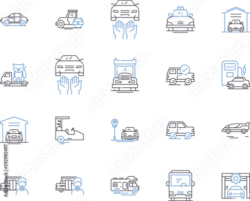 Car and transport outline icons collection. Car, Transport, Automobile, Motors, Driving, Tires, Wheels vector and illustration concept set. Gasoline, Roads, Traffic linear signs