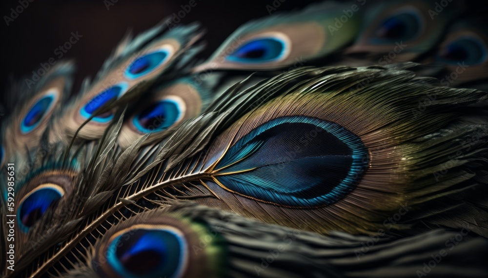 Fototapeta premium Peacock feathers background, generative ai