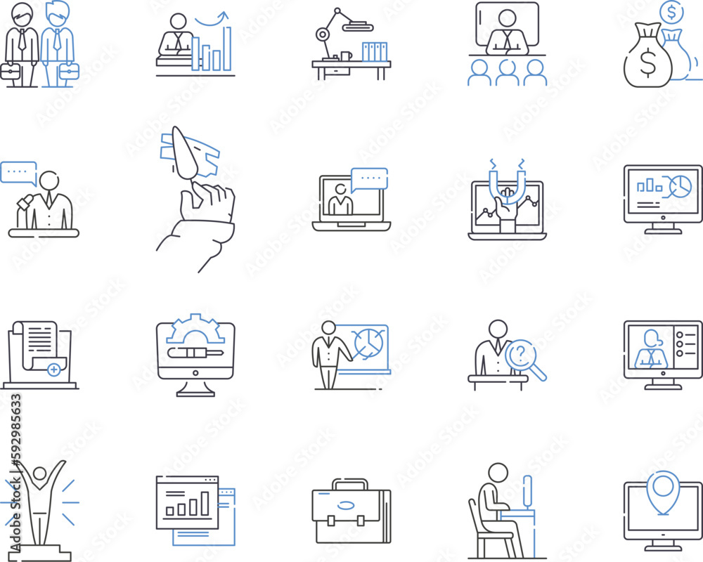 Working conference outline icons collection. Working, Conference, Meeting, Event, Seminar, Summit, Gather vector and illustration concept set. Network, Forum, Program linear signs