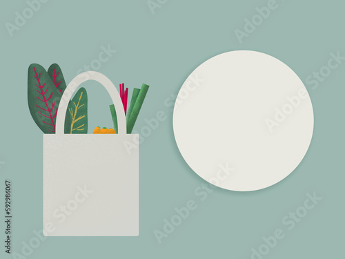 Eco shopper bag with vegetables on a teal background with a copy space