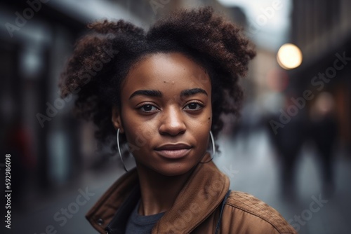 This stunning portrait captures the beauty and confidence of a young woman against the backdrop of a bustling city street Generative AI