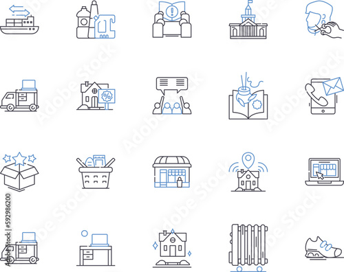 City and household outline icons collection. City, Household, Urban, Dwelling, Town, Home, Residence vector and illustration concept set. Abode, Domicile, Village linear signs