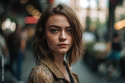 This stunning portrait captures the beauty and confidence of a young woman against the backdrop of a bustling city street Generative AI